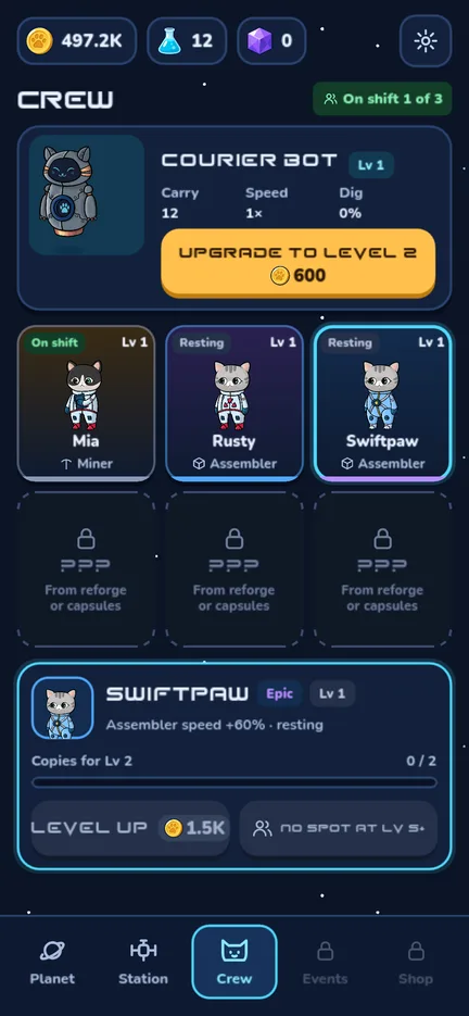 The crew screen with Courier Bot and cat cards