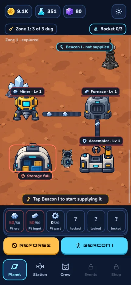 A planet with a mine, a furnace and an assembler linked by conveyor belts