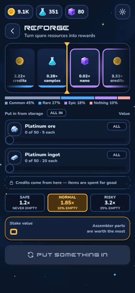 The reforge screen with resources to stake and three risk modes