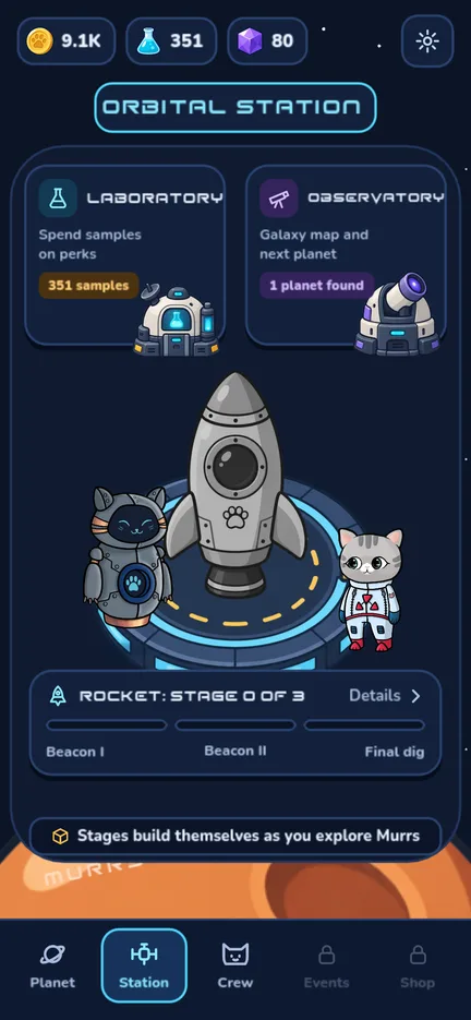 The orbital station with the rocket, the laboratory and the observatory